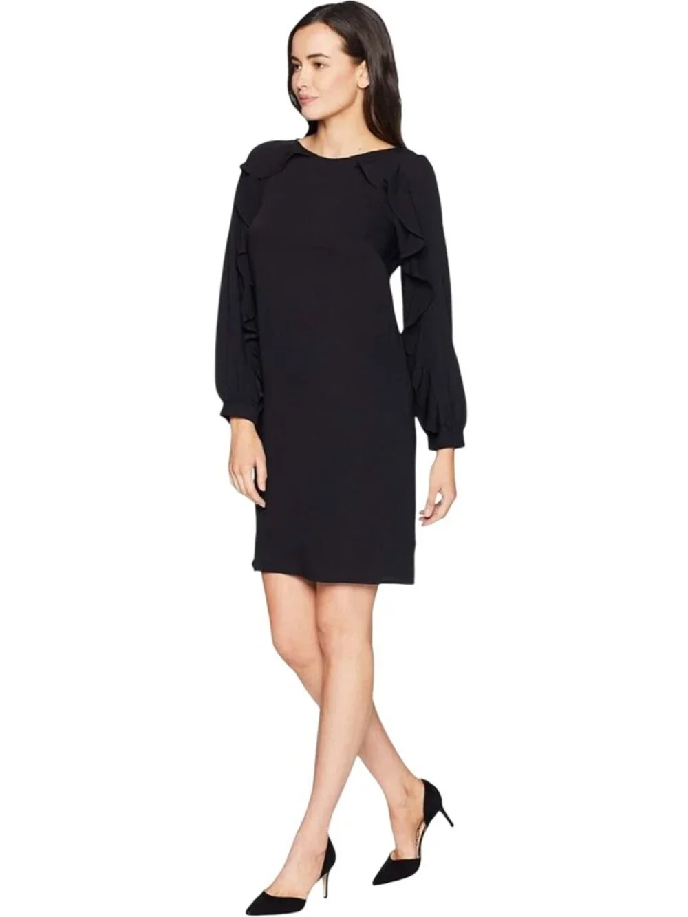 Chaps Black Ruffle Long Sleeve Shift Dress Size 12 Classic All-Season Wedding